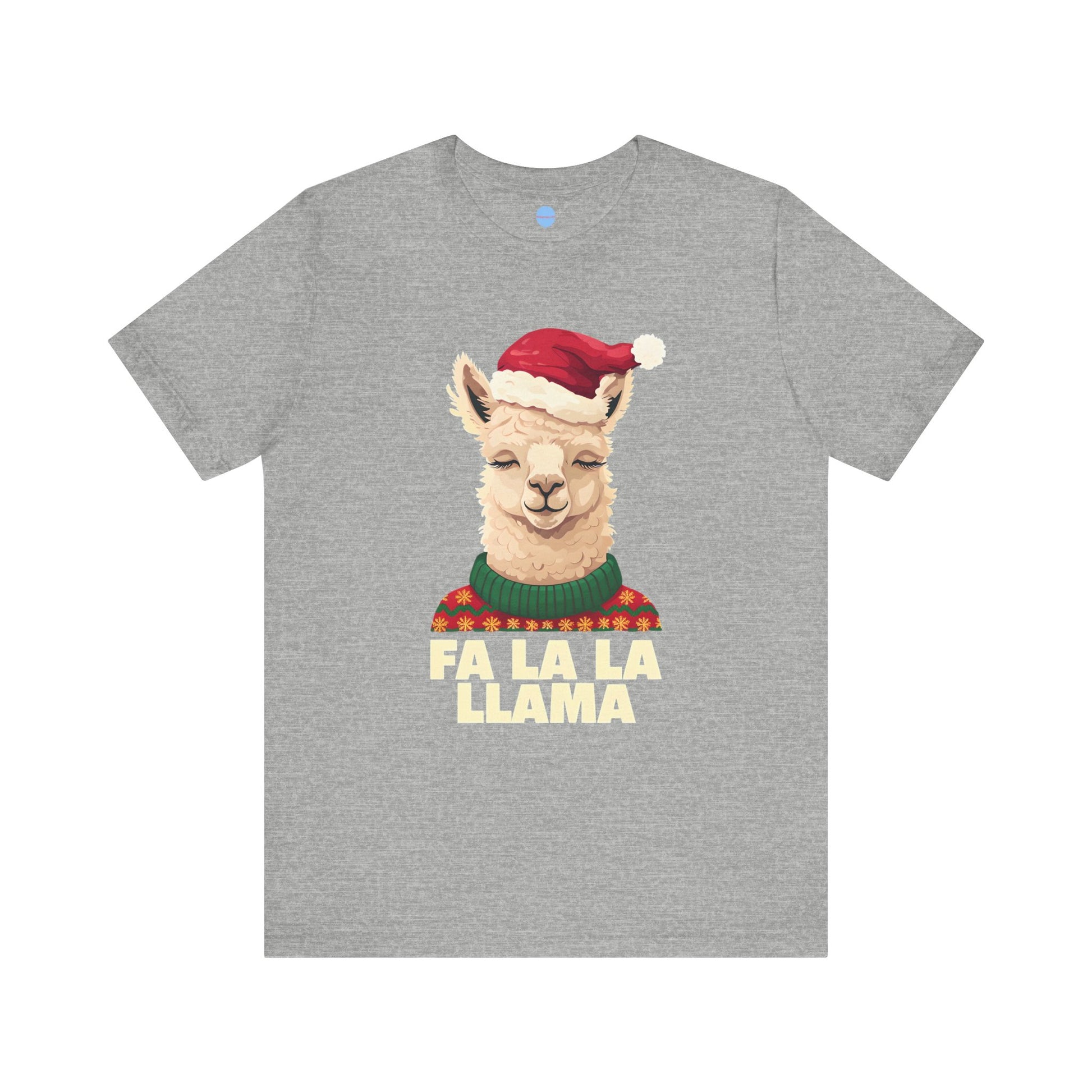 Gray t-shirt with a Christmas llama graphic and 'Fa La La Llama' text on a white background