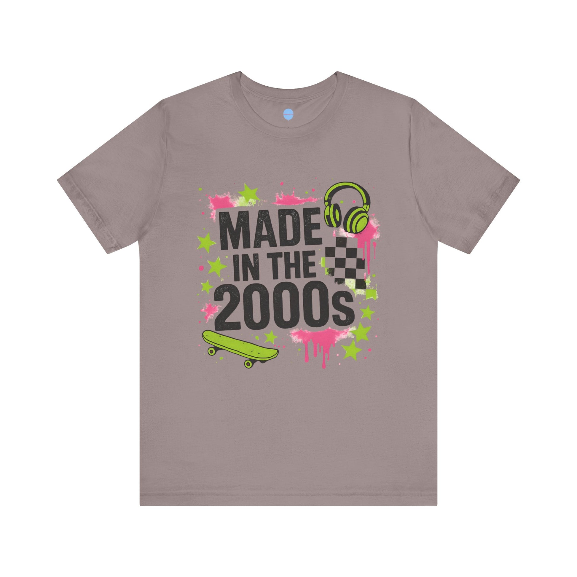 Gray t-shirt with 'Made in the 2000s' design featuring a skateboard and headphones on a white background.