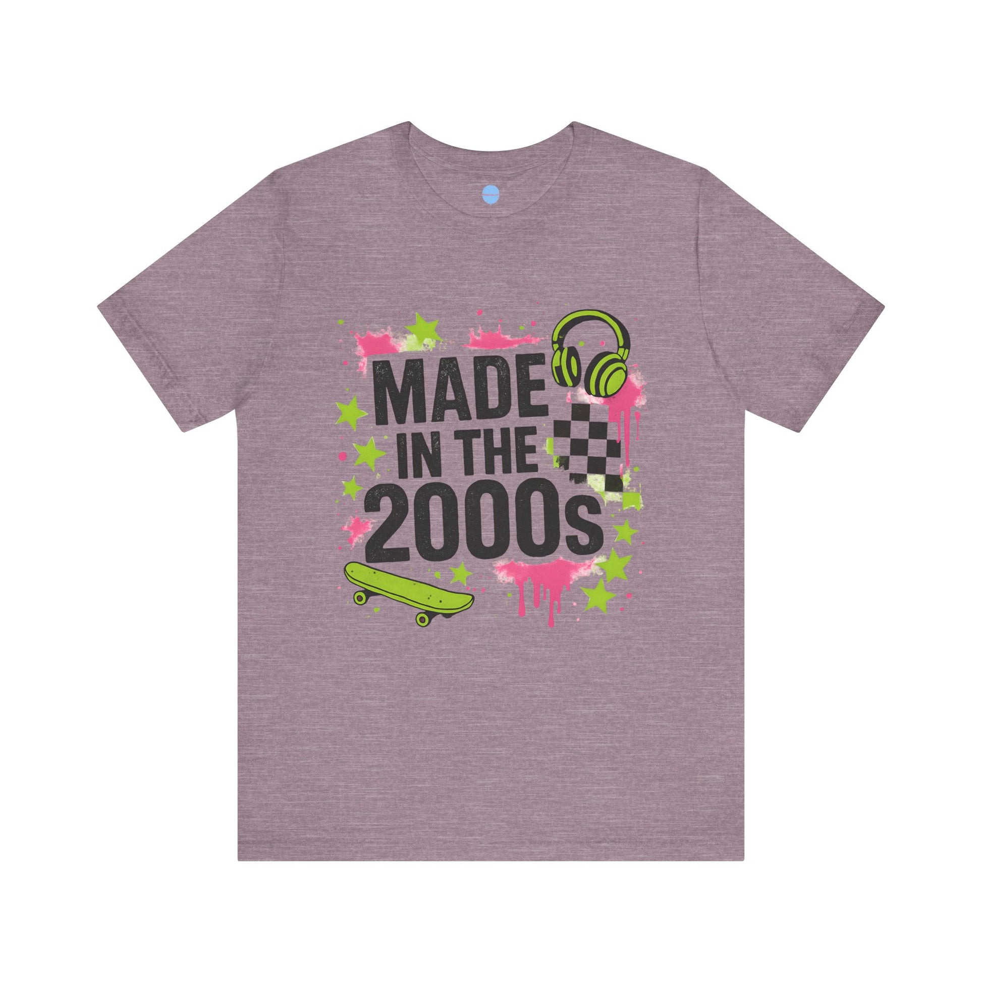 Purple t-shirt with 'Made in the 2000s' graphic design on a white background